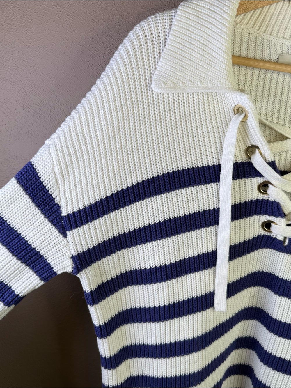 LOFT Women's Nautical Navy & White Stripe Lace Up Sweater Women’s Size Small - Picture 6 of 16